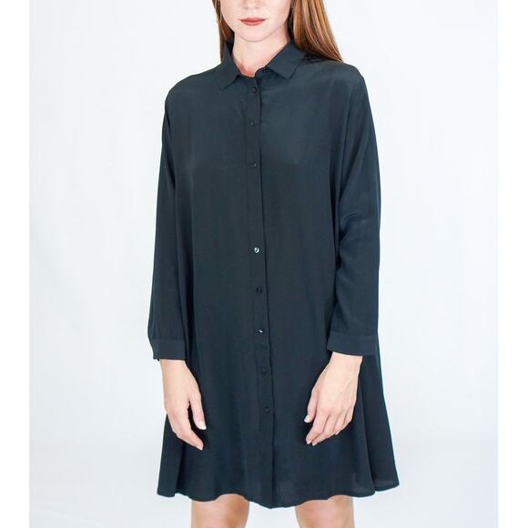 Ali Golden Long Sleeve Silk Collared Swing Dress XS/S Modern Minimalist Capsule - Picture 1 of 9